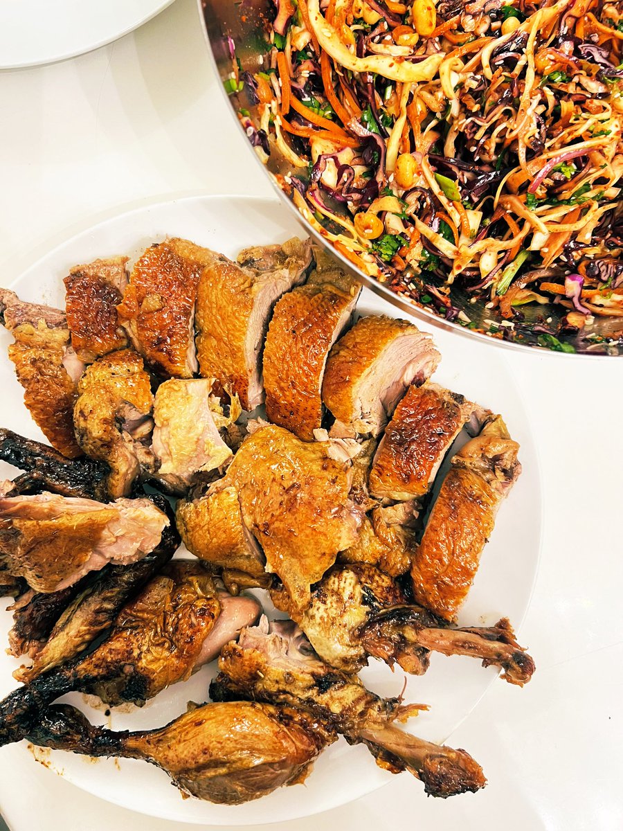 Teriyaki spit roast duck with steamed rice and Korean slaw
