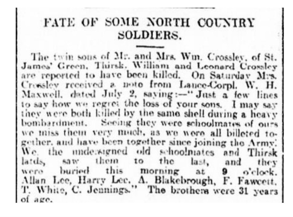 Twin brothers Leonard & William Crossley of Thirsk in Yorkshire, born the same day, joined the Army same day, served together, died together by the same enemy shell buried next to each other in Berks Cemetery Extension. #WW1 @jacquimee @peskymee