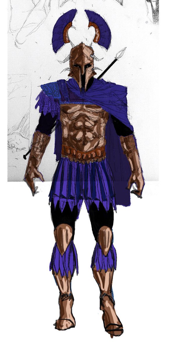 rough concept of some ares. had it so that hephastus refused to make ares a new set of armor after he found ares was sleeping with aphrodite, so ares just had to live with an old rusty set of armor for eons.