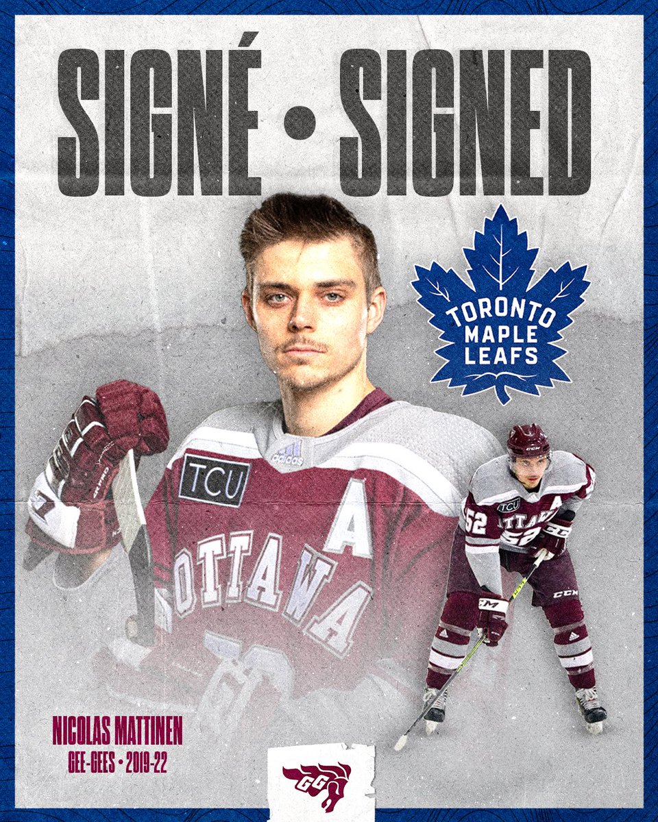 🚨✍️ L’ancien des Gee-Gees, Nick Mattinen, a signé un contrat à deux volets avec les @MapleLeafs! Gee-Gees alum Nick Mattinen has signed a two way contract with the @MapleLeafs! A proud moment for Nick and our program! 🐎 Un moment de fierté pour Nick et pour notre programme!