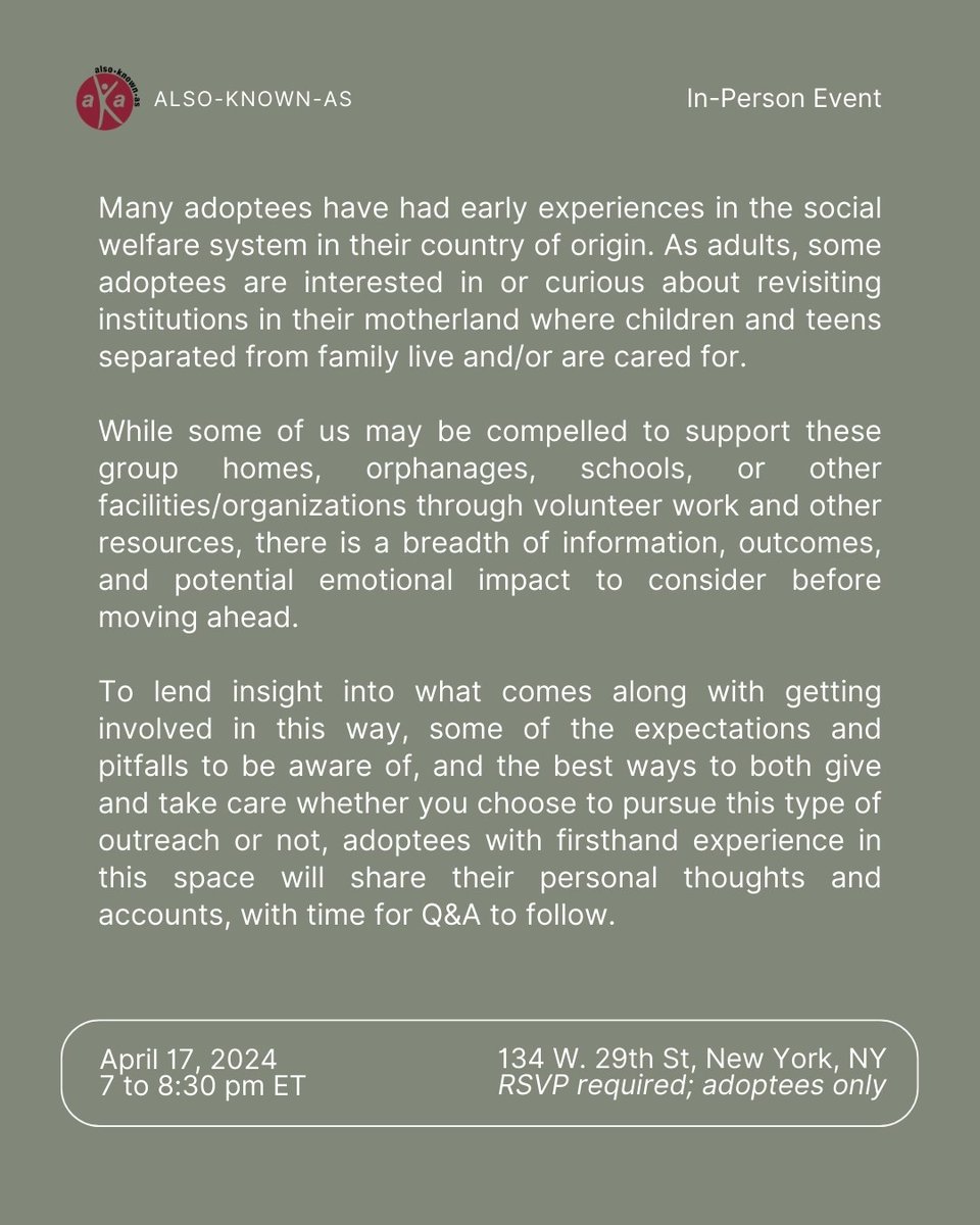 📌This Wednesday📌 Have you thought about visiting or volunteering at an orphanage in your birth country? 

RSVP to join our in-person discussion with adoptees who've gone before: tr.ee/3qUwGjav62