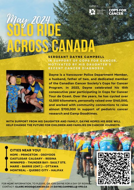 Please support my upcoming Cops For Cancer fundraiser, as I attempt to cycle across Canada in under 60 days !!
All funds go to the Canadian Cancer Society partnership with the Cops for Cancer program.
- Help fund  pediatric cancer research and the acclaimed Camp Goodtimes !!