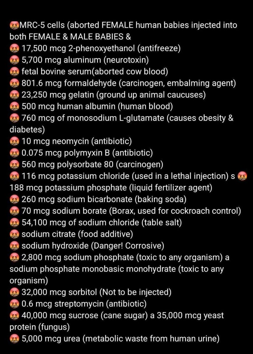 🆘Do you vaccinate your kids??? 
This is what your baby will have injected into their little bodies in their first 6 years of life...if you follow the CDC recommended schedule. 
Read every single one. Not safe. Not necessary. Not healthy!