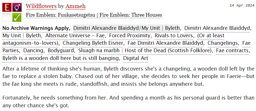 My @Dimileth_WWDITM fic! Changeling Byleth's best shot at a home is convincing a surly fae king she belongs in Faerie. Dimitri's best shot at keeping his father's crown is dragging a pushy changeling along for a month. (Surely they won't fall in love.) Dimileth | 20k | 🔗⤵️