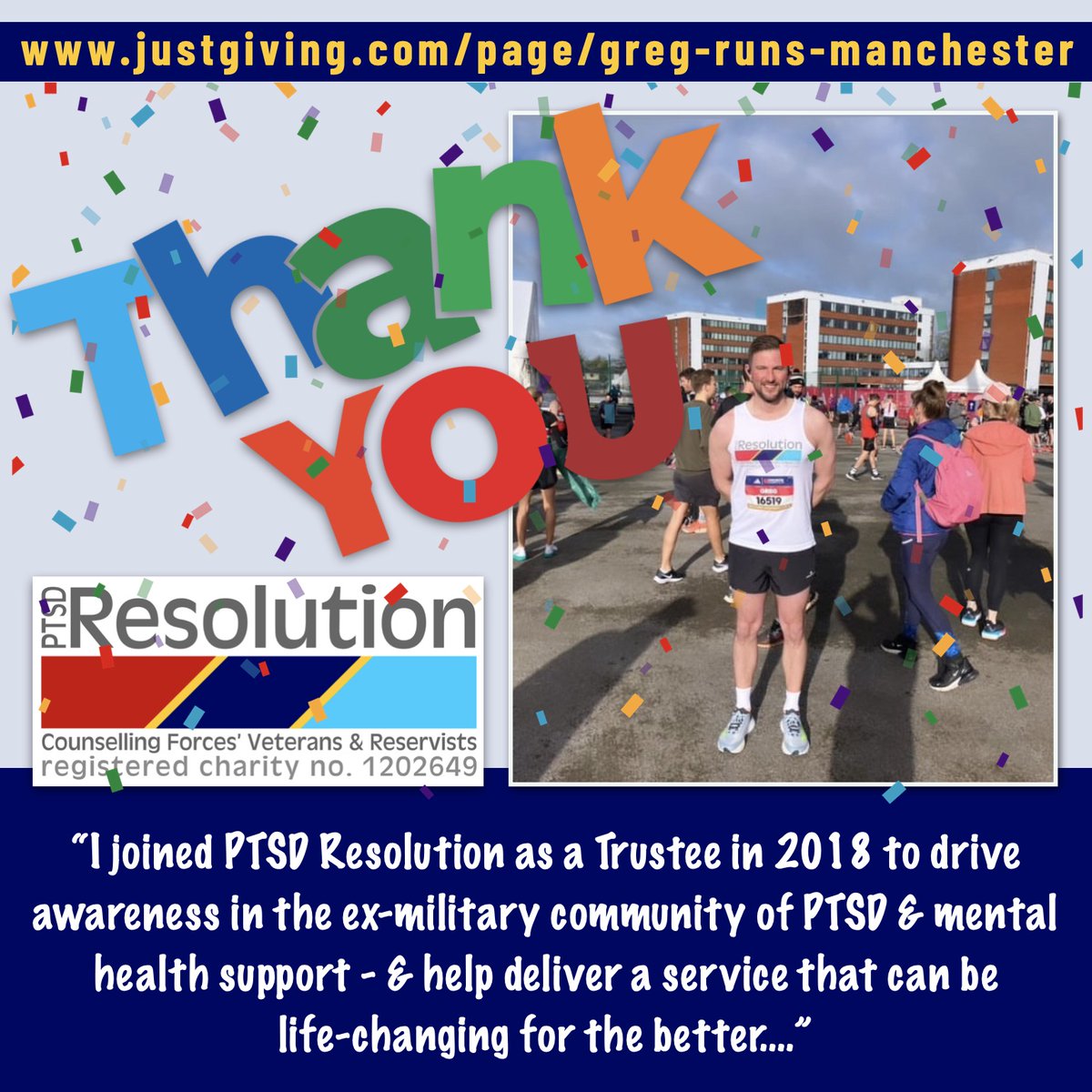 Huge thanks and congrats to Greg Vosper - who blitzed the #ManchesterMarathon on Sunday! All to raise funds - and awareness of #PTSDResolution! 🙏🤩🙏 Greg’s nearly reached his fundraising total! ➡️ justgiving.com/page/greg-runs… #Fundraising #MentalHealth #VeteransMentalHealth