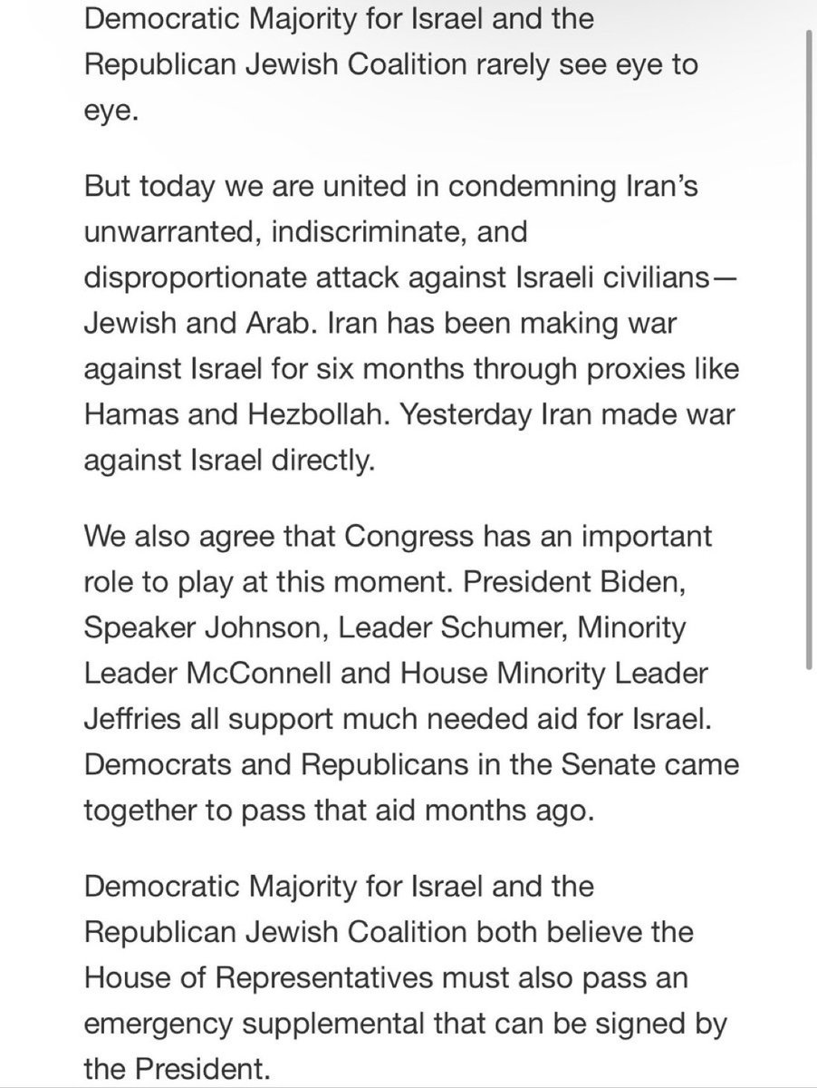 #BREAKING: @DemMaj4Israel and @RJC release joint statement calling for immediate vote on Israel aid supplemental following months of delay.