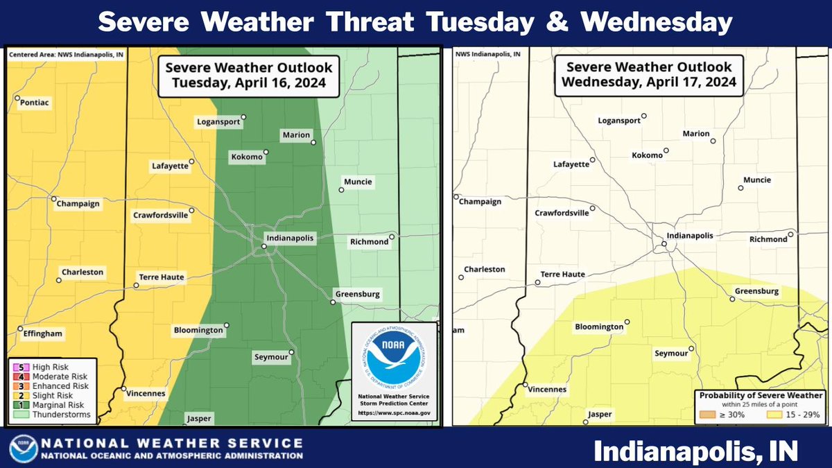 Warm again Monday before t-storms return for the mid-week, with the potential for severe storms both Tuesday evening/overnight (left) … and again Wednesday around the midday-afternoon time frame (right). Temps to reach 75-80F amid moderate humidity. Cooler late week. #INwx