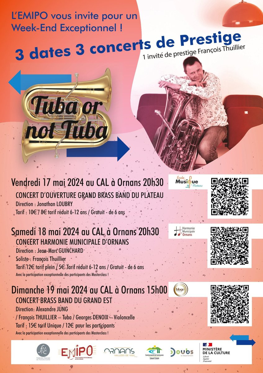 [CONCERT « Tuba or not Tuba »]
Retrouvez le BBGE - Brass Band Grand Est en concert, invité par l’Ecole de Musique du Pays d'Ornans.
Alexandre Jung, direction
François Thuillier, tuba
Georges Denoix, violoncelle
#BBGE #Brassband #conducting