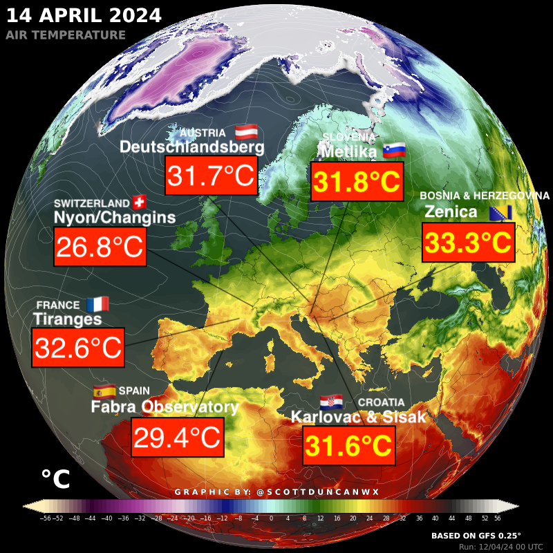 Too many records to count. Yet another astonishing weekend of warmth for Europe. April national records exceeded in Slovenia 🇸🇮, Bosnia & Herzegovina 🇧🇦and Croatia 🇭🇷 but many other notable site records fell. Change is already on its way though...