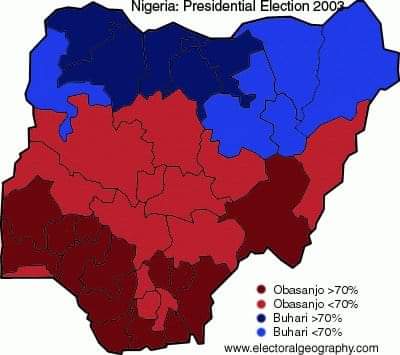 This was 2003 elections when a Yoruba man named Obasanjo contested. You can see how South East, South South and South West voted. You can see North Central and some parts of the North supporting OBJ against Buhari. Dear Southwest,we owe our South East brethren love & not bigotry