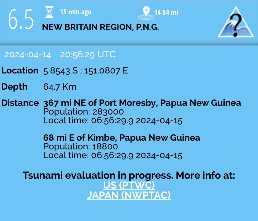Prelim M6.5 #Earthquake hits New Britain region, Papua New Guinea)…
