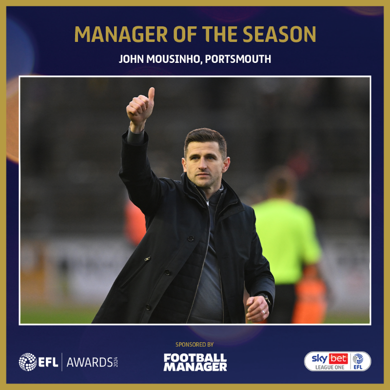 SkyBetLeagueOne's tweet photo. 🏆 The #SkyBetLeagueOne Manager of the Season, sponsored by @FootballManager, is @Pompey's John Mousinho! 👏

#EFL | #EFLAwards