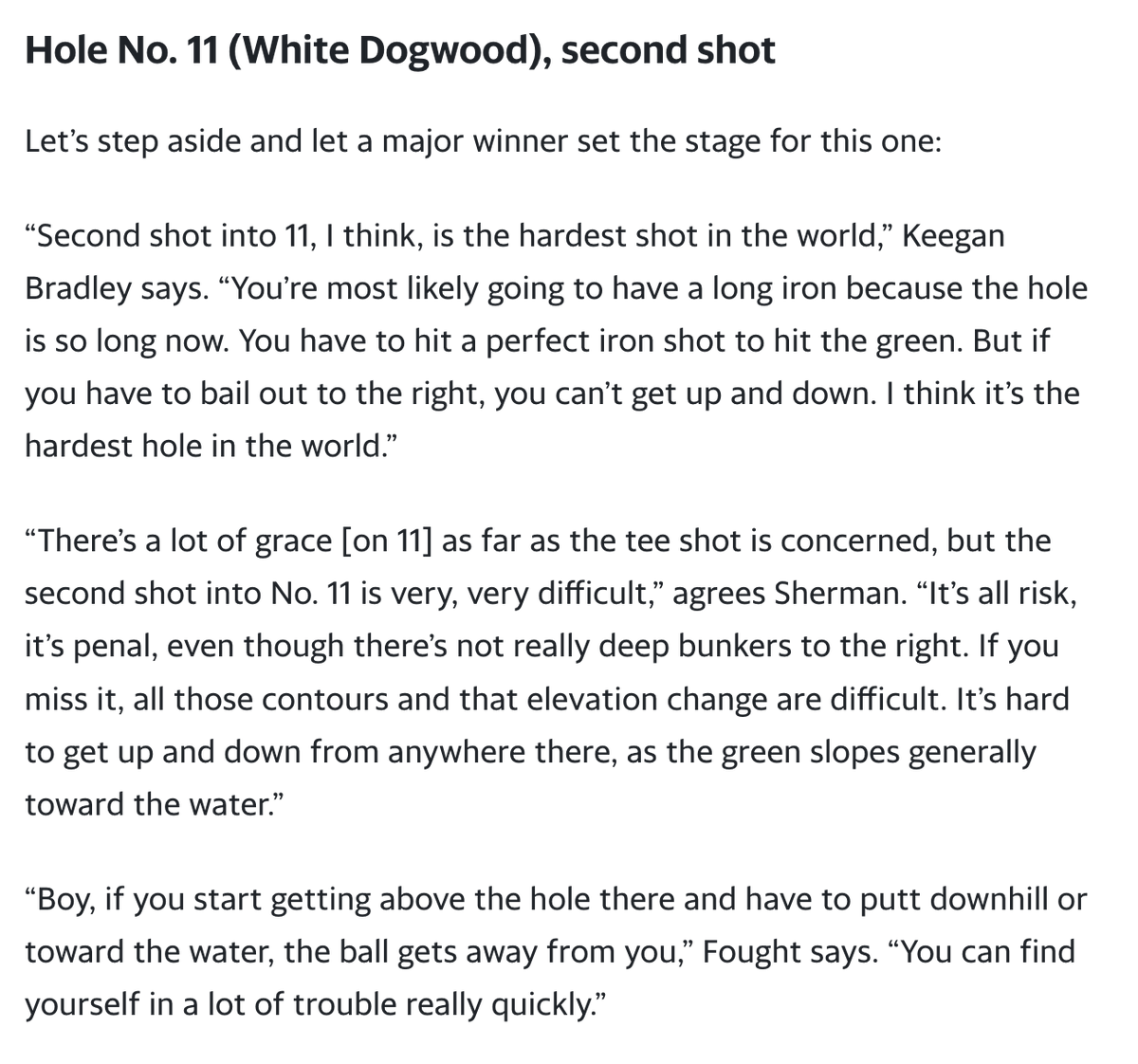 From my story earlier this week on the toughest shots at Augusta National. Keegan Bradley called the second shot into 11 'the hardest shot in the world.' sports.yahoo.com/masters-the-to…