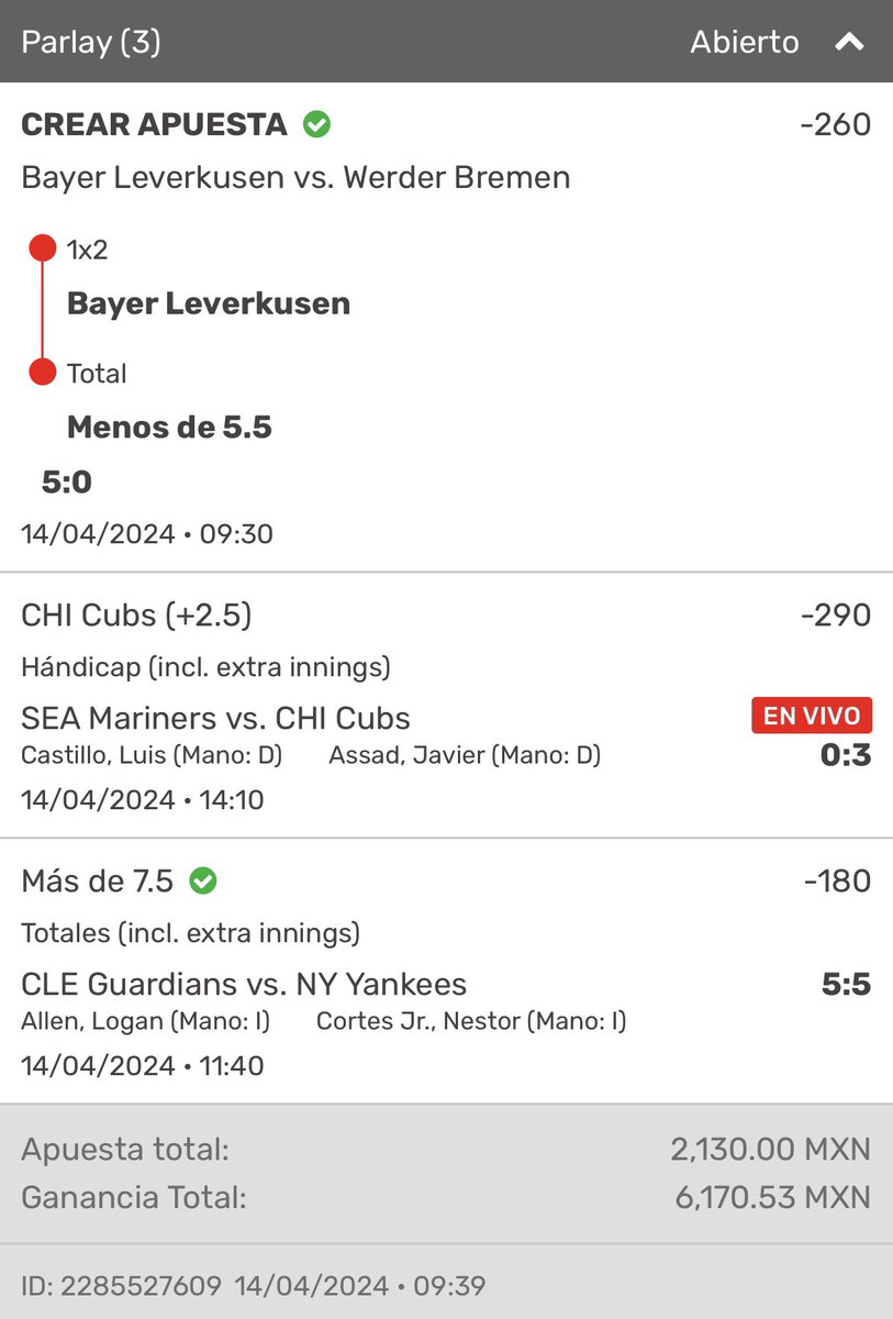 Vikingonegroa's tweet photo. Quiero regalarle a 3 personas 250 pesos si se cobra este parlay que meti live y no pude enviarselo a nadie❤️🍀

Estamos muy cerca, deseenme suerte🖤🏴‍☠️

Para participar dale like, RT y comenta esta publicación ❤️🔥 https://t.co/HZpo1BKZHE