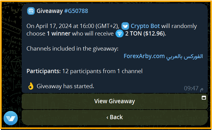 forexarby's tweet photo. 🎁 Our Weekly #Telegram  Giveaway # G50788

On April 17, 2024 at 16:00 (GMT+2), 🦋 #CryptoBot (https://t.co/xhfBqph7lw) will randomly choose 1 winner who will receive ☺️ 2 #TON (+$12.87).

Channels included in the giveaway:
الفوركس بالعربي ForexArby com (https://t.co/fjImapPYOc)

Participants: > 12 participants 
👌 Giveaway has started.
#Crypto #cryptogiveaway #CryptoGems #TonTradingBot #Toncoin 
----------------------------
AD 💪 Try the best trading platform 🔔  App (https://t.co/BcDp3u8vis) /or/ Sign up  (https://t.co/CJx0hFCjaC)🔔