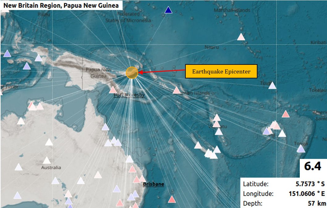 Earthquake Information bulletin issued. Date: 15/04/2024 Time: 08:56:28 AM Magnitude: 6.4 Depth: 57 km Location: 594 km NE from Port Moresby, Papua New Guinea. Inland Earthquake However, it does not pose any immediate tsunami threat to the Fiji region.