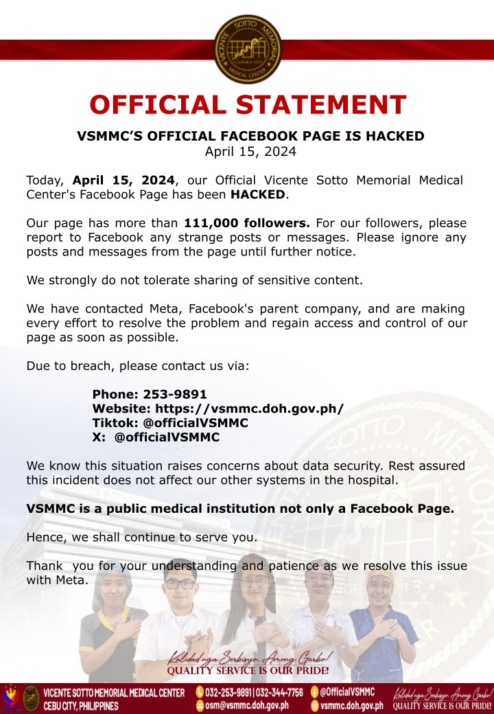 OFFICIAL STATEMENT ON VSMMC'S OFFICIAL FACEBOOK PAGE HACKING
