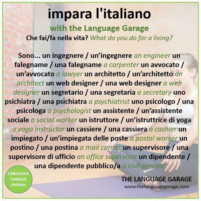 Sono un istruttore/ un’istruttrice di yoga. I’m a yoga instructor. #Jobs #Professions in #Italian #LearnItalian #ItalianVocabulary #italiano #languages. Click to #learn for #free: tinyurl.com/y5f9beqo