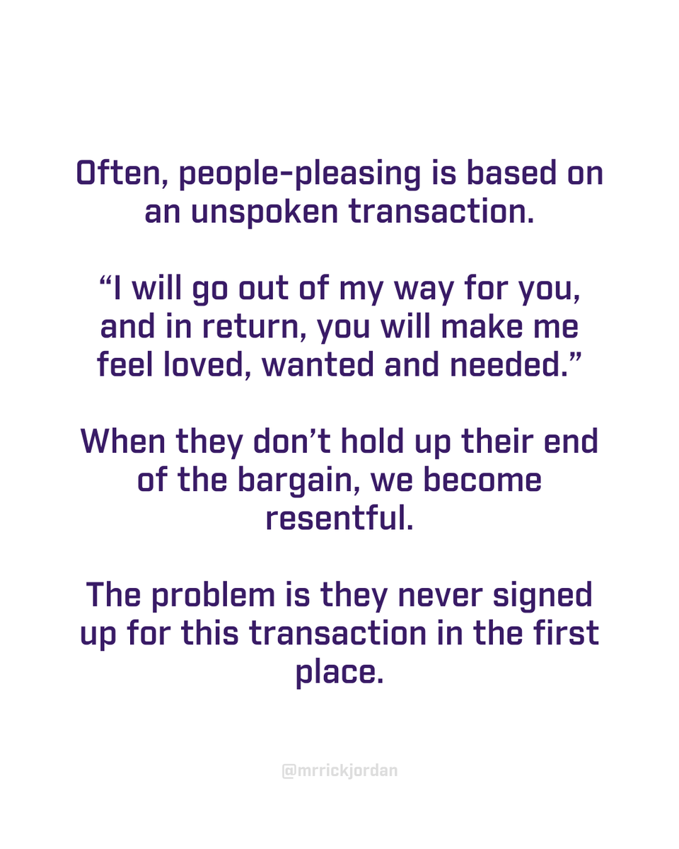 When others don't 'pay up,' resentment brews. Remember, they never agreed to this deal. Real relationships aren't transactions; they're mutual, spoken, and genuine. Break the cycle of unspoken expectations.

#PeoplePleasingTrap #GenuineConnections