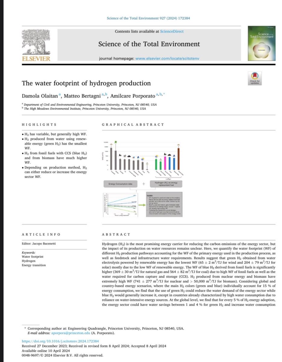 Hi everyone, I am happy to announce that my first research paper got published. Kindly give it a read and share as appropriate. Title: *The water footprint of hydrogen production* Journal: Science of the total environment Follow this link to read authors.elsevier.com/c/1iwQSB8cd0LdK