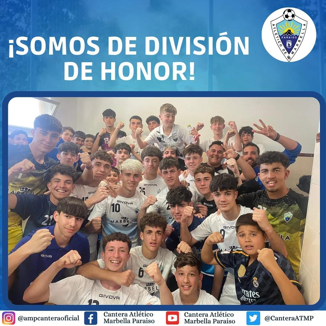 CanteraATMP's tweet photo. 𝗦𝗢𝗠𝗢𝗦 𝗗𝗘 𝗗𝗜𝗩𝗜𝗦𝗜𝗢𝗡 𝗗𝗘 𝗛𝗢𝗡𝗢𝗥

Nuestro 1ª Andaluza Cadete consigue un histórico ascenso, a falta de 6 jornadas para finalizar el campeonato y tras vencer 1-0 a la UD La Mosca. 🔝💪🏻

#AllbicelestesDeMarbella🤍🩵 https://t.co/B8y0LbVF6O