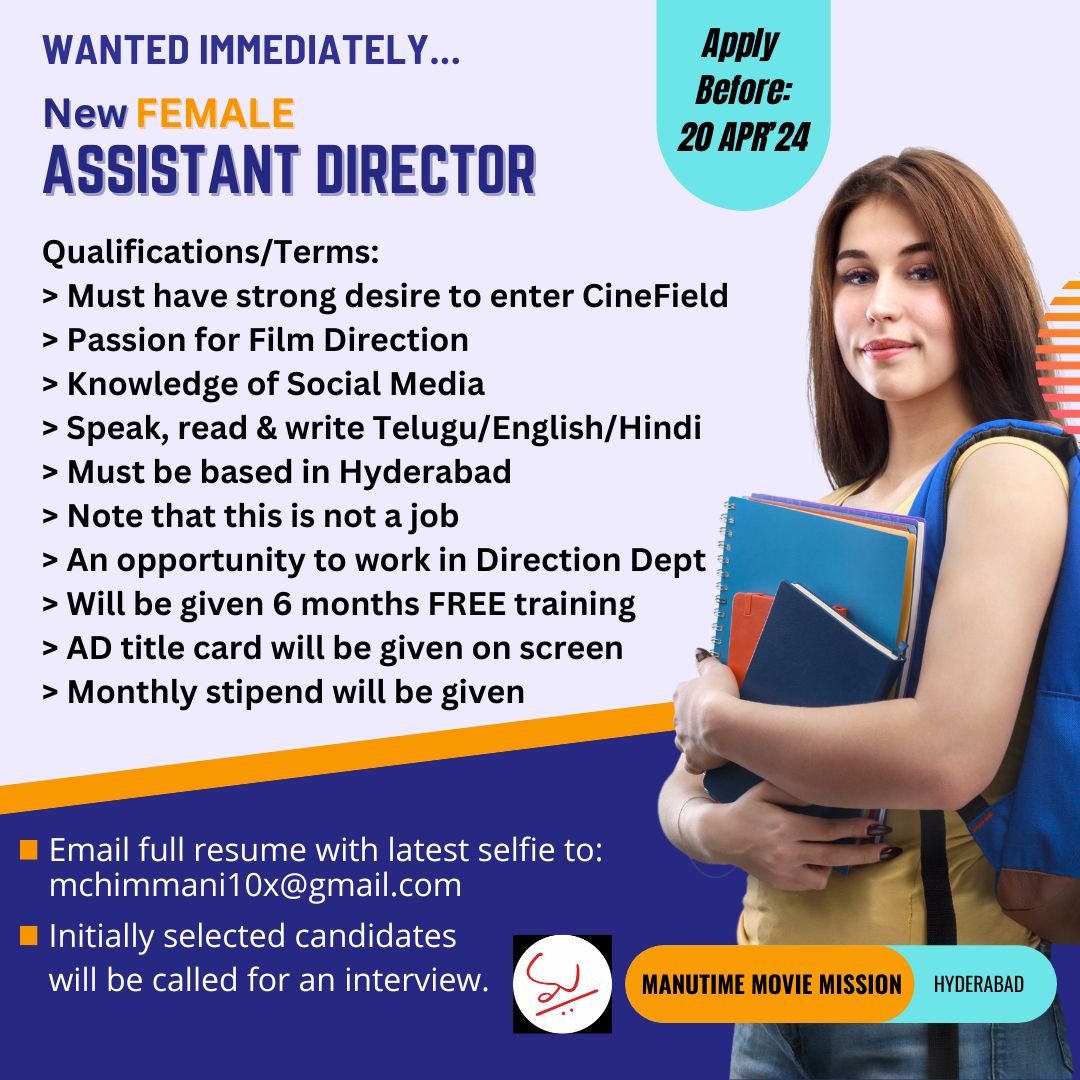 MChimmani's tweet photo. Grab the opportunity, Galz!
.
.
.
#ADs #NewADs #AD #AssistantDirector #AssistantDirectors #NewAssistantDirectors #Hyderabad #FilmChance #FilmDirection #TeluguCinema #Tollywood #TotalCinema #Yo #YoTeam #ManoharChimmani #ManutimeMovieMission https://t.co/qQ5LLrj0c7
