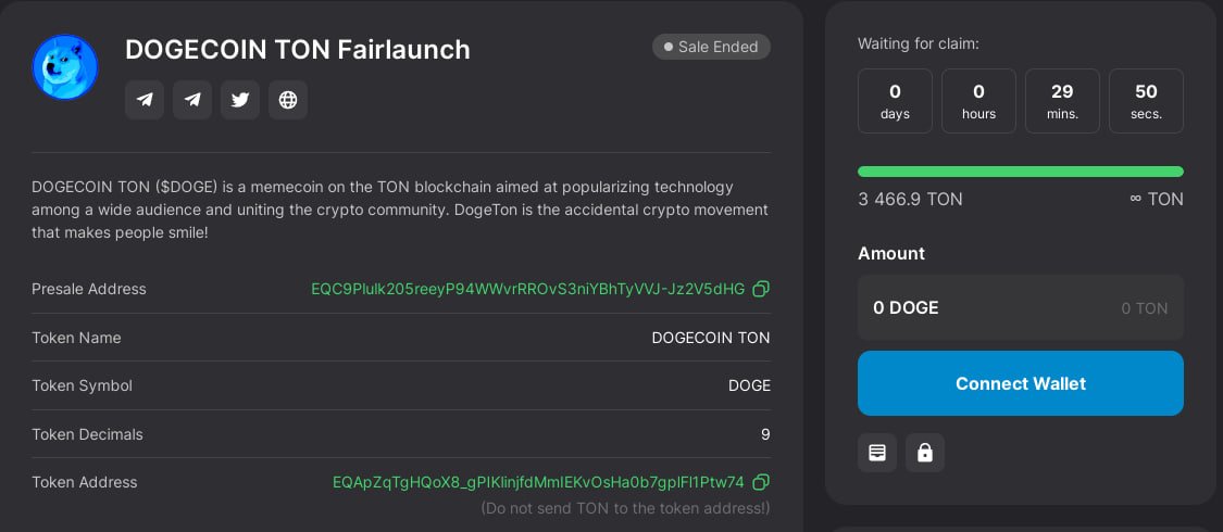 CONGRATULATIONS #DOGECOINTON REACHED 1100% SOFTCAP 🎉

📌Claim token: tonraffles.app/jetton/fairlau…
(Try Tonkeeper Wallet if you cant claim)

✅Listing after 30 mins claim
✔️Contract Official: EQApZqTgHQoX8_gPIKlinjfdMmIEKvOsHa0b7gplFl1Ptw74