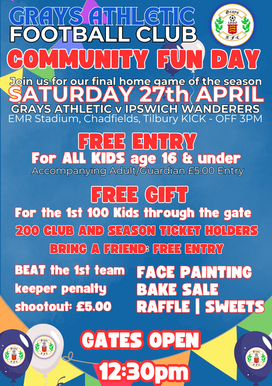 COMMUNITY FUN DAY FOR FINAL GAME OF THE SEASON #CommunityClub #FunDay #UpTheAth graysathletic.co.uk/news/community…