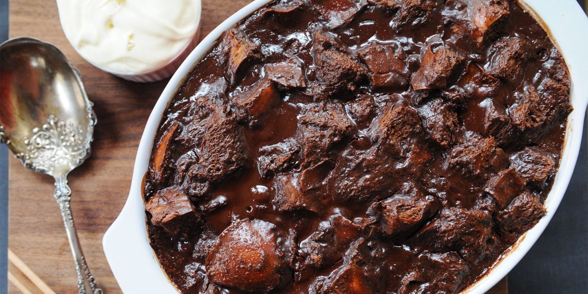 Chocolate bread pudding topped with créme fraiche... I don’t think there’s anything more I need to add. bit.ly/3WnwR2u