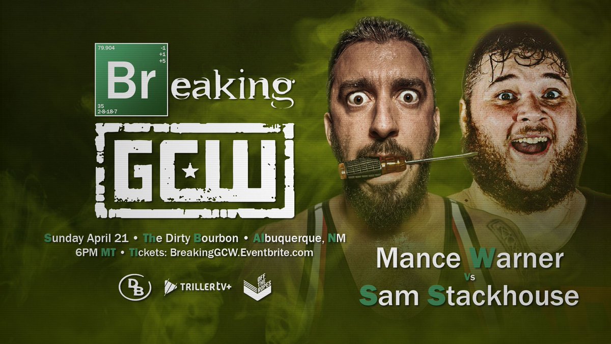 *ALBUQUERQUE UPDATE* Just Signed: MANCE WARNER vs SAM STACKHOUSE Plus: Gage vs Broski Janela vs Fuego del Sol Billie Starkz vs Dark Sheik Blake Christian Jack Cartwheel Gino Rivera Effy +more Get Tix: BreakingGCW.eventbrite.com Watch LIVE on @FiteTV+ Sun 4/21 - 6PM