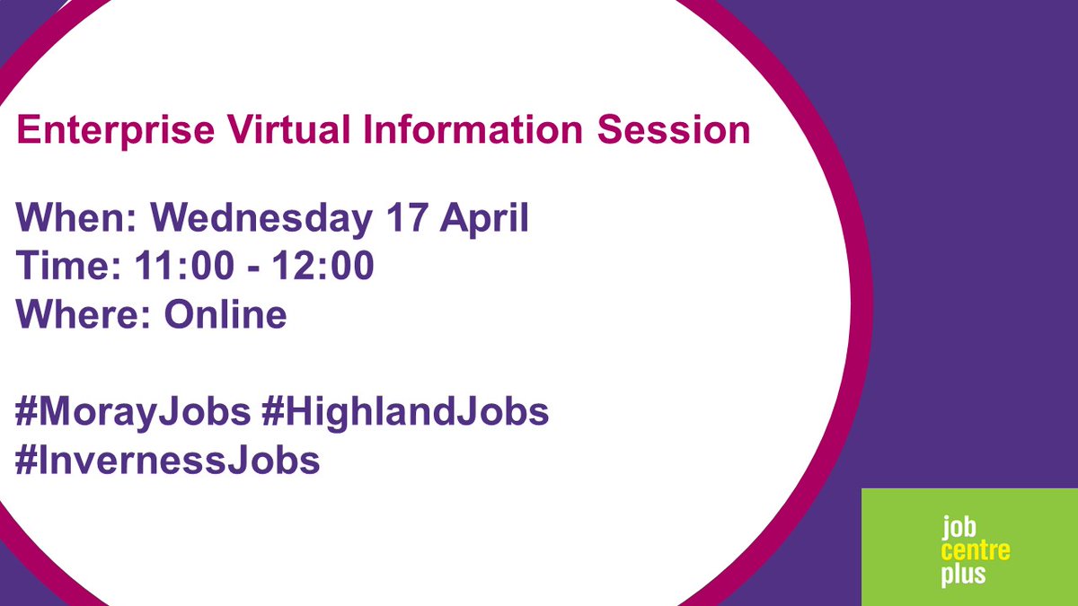 Virtual Information Session with @UKEnterprise 👇 •Employability / interview advice •Highlight your skills •Enterprise Insight •Ask questions Vacancies in #Elgin, #Nairn and #Inverness: ow.ly/58Tp50R26O2. Reserve via Job Centre work coach. @Moraypathways