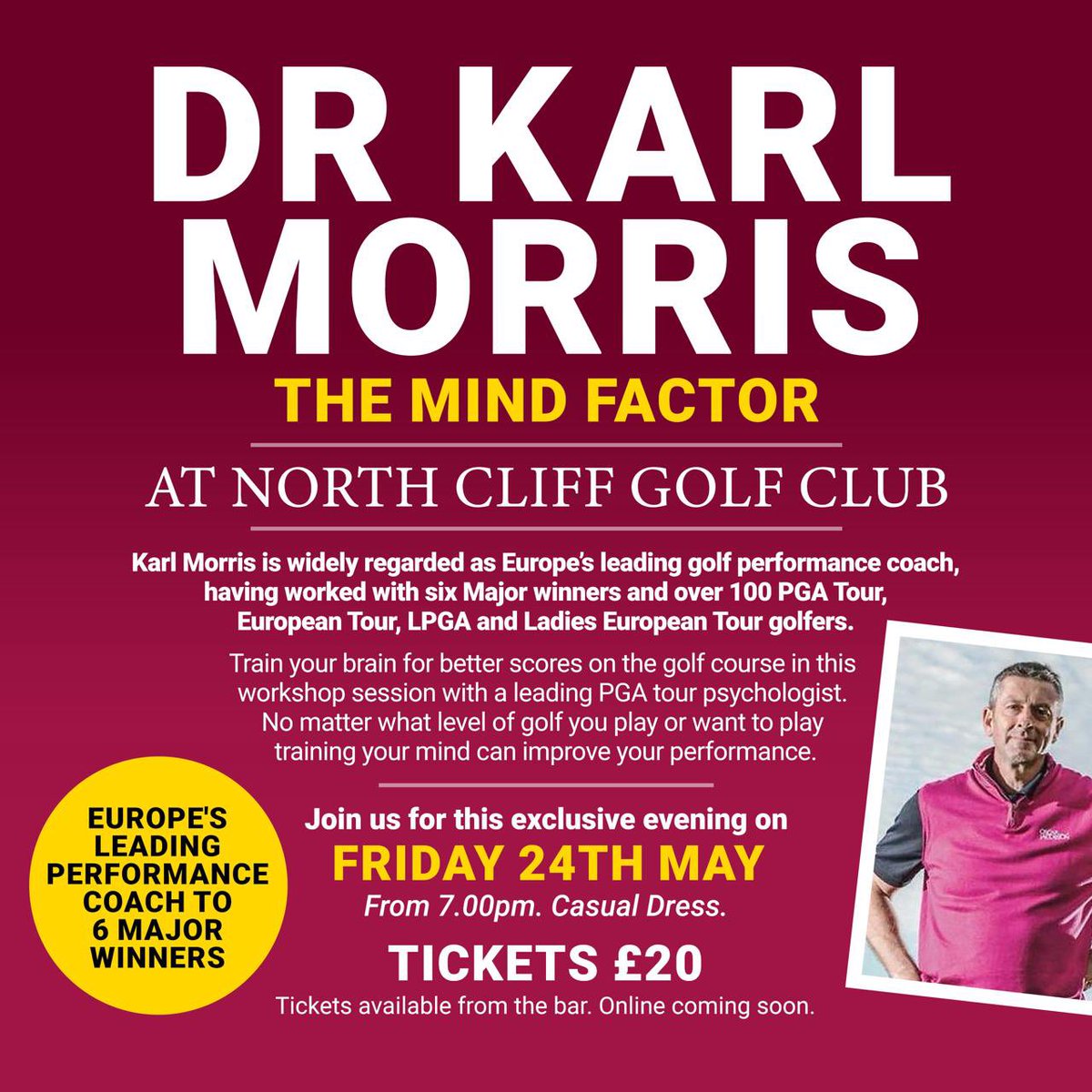 Want to improve your game? Come join us for this fantastic evening with a tour proven golf coach! #trainyourbrain #playbetter
