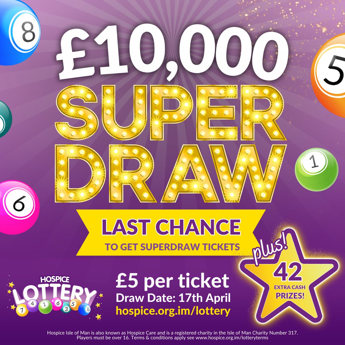 Our BIGGEST EVER Jackpot MUST BE WON this Wednesday 🌟 Our 17th April Lottery Draw will be a special SUPER DRAW offering our top winner a GUARANTEED prize jackpot of £10,000!! Tickets cost only £5 each! Get your tickets here 👉 HOSPICE.ORG.IM/LOTTERY