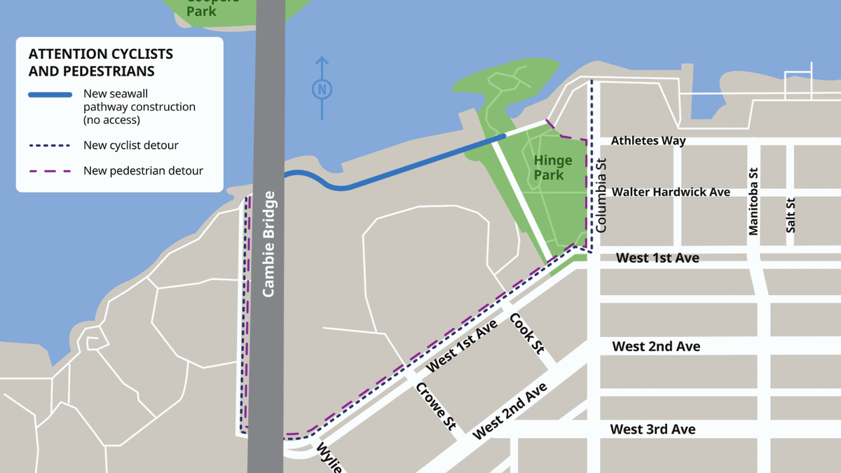 Happy to share that construction has started on a new seawall path between Cambie Bridge & Hinge Park 🥳 🕙Expected completion early May. ❗New detour in place until new path is finished, watch for signage 🙌Thank you all for your patience.