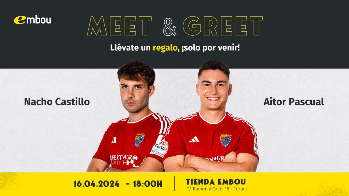 Meet & Greet @TeruelCd ⚽️ ¿Te gustaría poder conocer en persona a los cracks de Nacho Castillo y Aitor Pascual? 🤩 Pásate este martes 16 de abril a las 18:00h por nuestra tienda Embou de C/Ramón y Cajal, 16, Teruel📍 #EmbouconelDeporteAragonés #Conectandoaragon #Aragon #Teruel