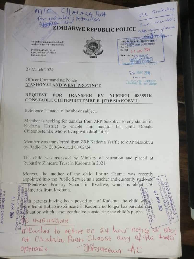 The @PoliceZimbabwe has done it's part - but without Ministry of Education transferring the mother close to home - I don't see how this will be helpful. I'm actually hearing it today that in Zim, your wife can be taken away from you and posted 250 km away from you for work !