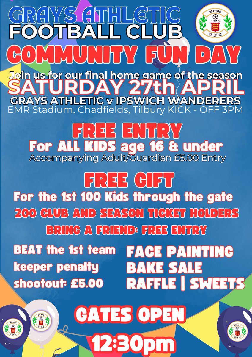 COMMUNITY FUN DAY - 27th April - FREE ENTRY for kids 16 & under (accompanying adult £5) - 200 club and season ticket holders: bring a friend for FREE - 1st 100 kids through the gate: FREE GIFT - Face painting - Bake Sale - Raffle - Beat the 1st team keeper shootout