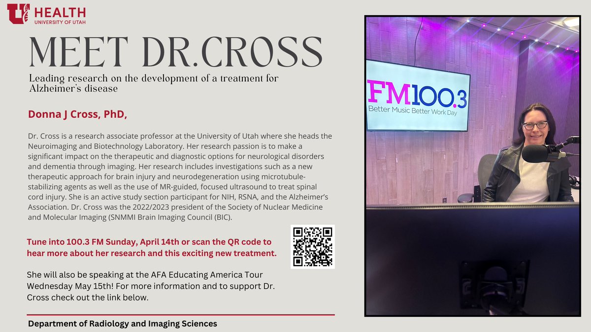 Meet Dr. Cross and her research to transform the treatment of Neurological Disorders and Dementia. Tune into 100.3 FM this Sunday April 14th and hear her speak May 15th at the AFA conference. To support Dr. Cross use this link to find out more information! alzfdn.org/event/salt-lak…