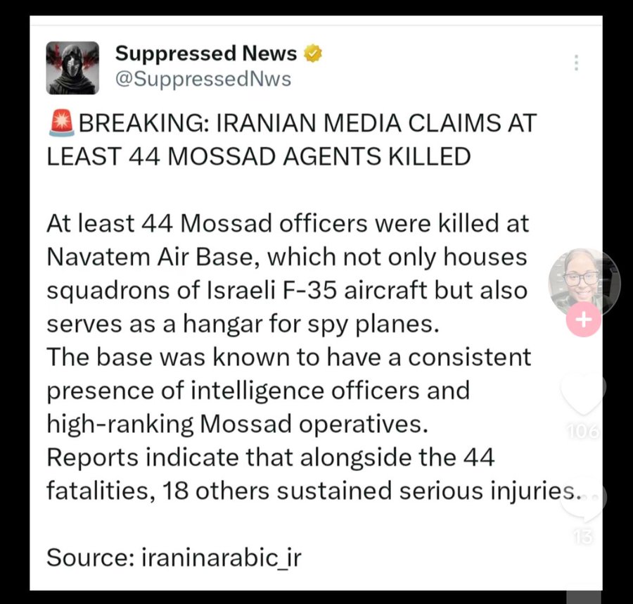 @RealScottRitter As the dust settles in the holy land more information is arriving. After the diversion with cheap drones, which made the US/Israel spend US$1.1 billion on air defense, the primary target was hit hard. The Navatem base and the Mossad.