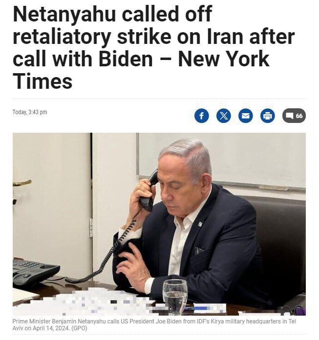The Times of Israel: Netanyahu membatalkan serangan balasan terhadap Iran setelah menelepon Biden. Para pemimpin G7 hari ini sepakat untuk menggunakan semua saluran pengaruh terhadap Israel untuk mencegah pembalasan terhadap Iran.