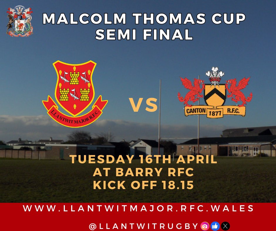 LlantwitRugby's tweet photo. The big games just keep on coming for the club and this Tuesday the 1st XV will face off against division three side @CantonRugbyClub  in the semi-finals of the Malcolm Thomas Cup. Its an 6.15pm kick off at Barry RFC .
#UPTHEMAJOR🏉🔴⚫️ https://t.co/zPYTH2k0oC