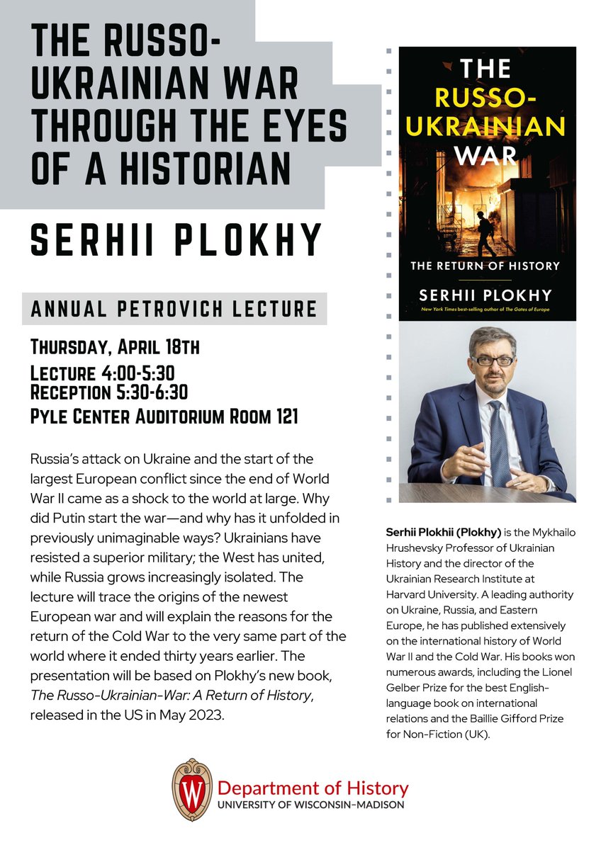Looking forward to welcoming Serhii Plokhy to UW-Madison this week for the annual Petrovich lecture!