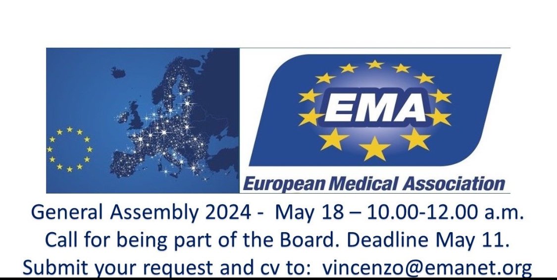 Dear Members of the EMA
If interested, please, submit your personal proposal  for being part of the EMA Board. The deadline is May 11.
You can submit your request and cv to:  vincenzo@emanet.org
 EMA General Assembly 2024 - May 18 – 10.00-12.00 a.m. by webinar.