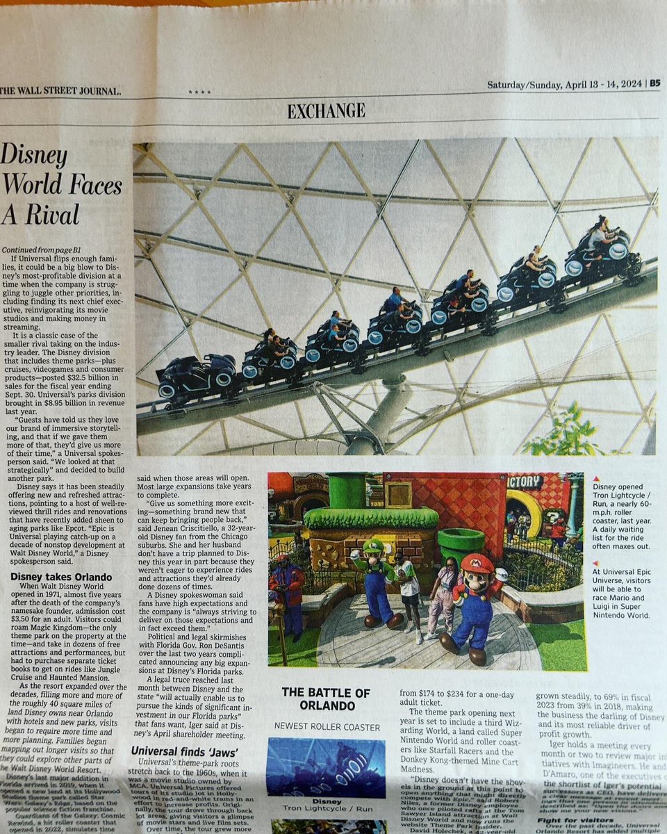 Please read the weekend long-read that @jepassy and I wrote about Walt Disney World and Universal Epic Universe and the battle for theme park dominance in Orlando. “The Threat In Disney’s Backyard” — on the cover of this weekend’s @WSJ Exchange: wsj.com/lifestyle/trav…