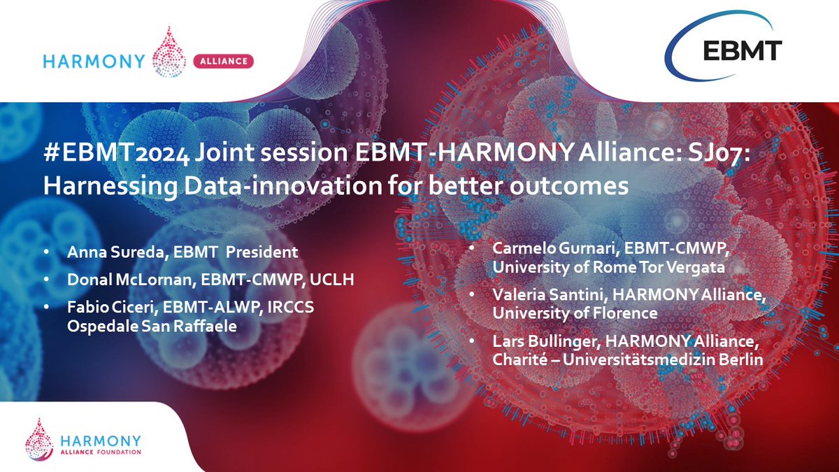Presenting at #EBMT2024 - join us - 17 April, 12:30, joint @theEBMT HARMONY session SJ07 (Boisdale): Harnessing Data-innovation for better outcomes. #Bigdata and data-driven #research to offer new opportunities for bone marrow transplant professionals. #bigdataforbloodcancer