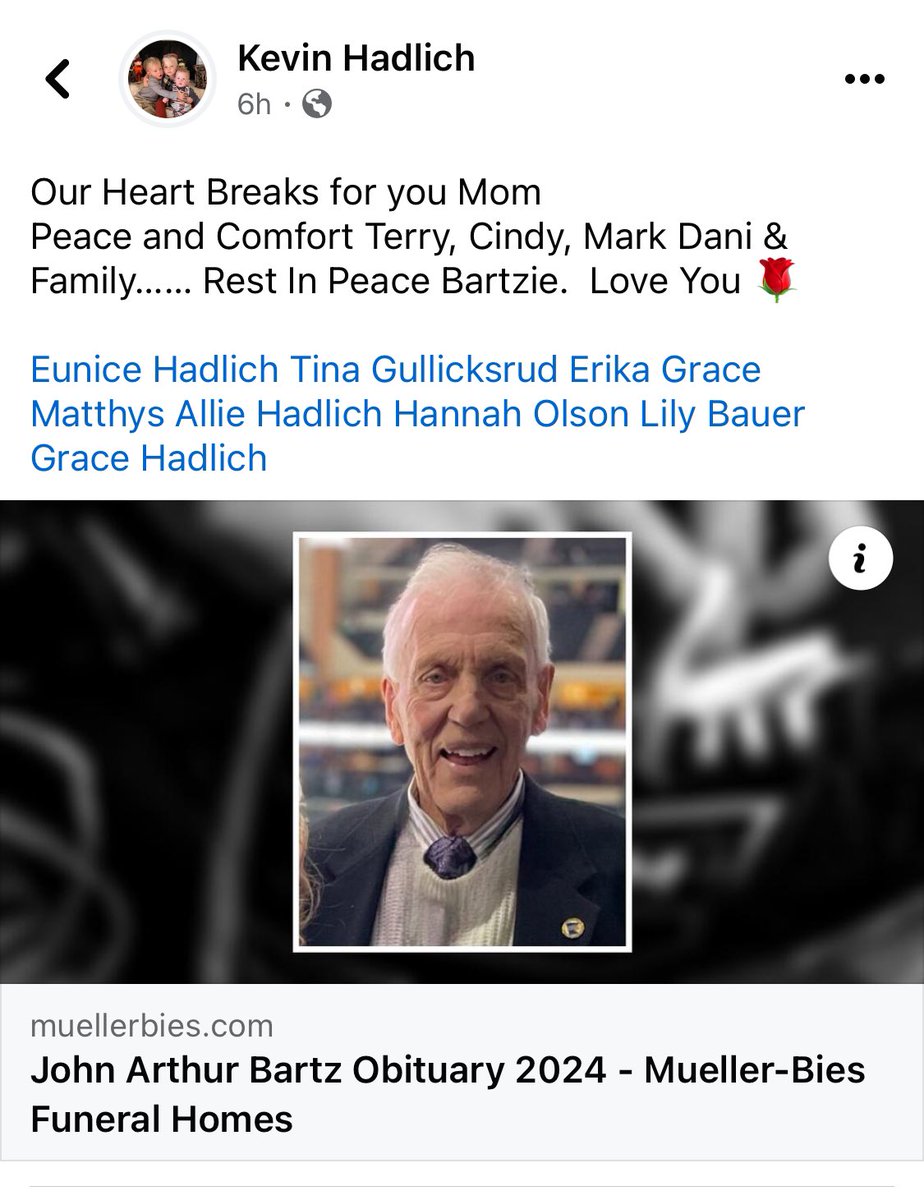 Kevin Hadlich (@kchadlich) on Twitter photo Rest in Pease Bartzie …..Love You 🌹
<a href="/jzulgad/">Judd Zulgad</a> <a href="/DawnAtFOX9/">Dawn Mitchell</a> <a href="/KFANRosen/">Mark Rosen</a> <a href="/WHENESOTA/">Dan WHENESOTA</a> <a href="/NanneLou/">lou.nanne</a> <a href="/thebigsmooth1/">Vince Wright</a> Rest in Pease Bartzie …..Love You 🌹
<a href="/jzulgad/">Judd Zulgad</a> <a href="/DawnAtFOX9/">Dawn Mitchell</a> <a href="/KFANRosen/">Mark Rosen</a> <a href="/WHENESOTA/">Dan WHENESOTA</a> <a href="/NanneLou/">lou.nanne</a> <a href="/thebigsmooth1/">Vince Wright</a>