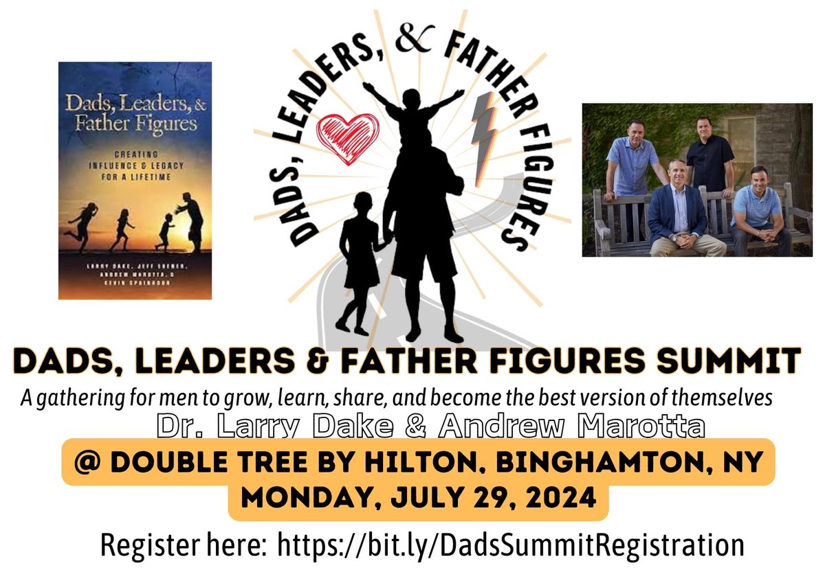 Join @andrewmarotta21 & I on July 29th in #Binghamton with a group of like-minded dads and leaders! @MGeraldWilson @gt_harris1 @DarrinMPeppard @Ryan_Fisk @the_j_luke @BobMackey1 @NP_Lifetouch @MrRichLam Registration: bit.ly/DadsSummitRegi… More: bit.ly/DadsLeadersInf…