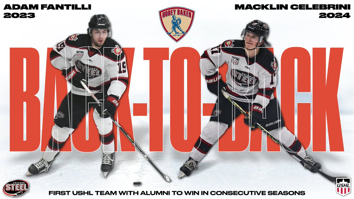 With Steel alum Macklin Celebrini winning this year's Hobey Baker and alum Adam Fantilli winning the 2023 honor, the Chicago Steel become the first USHL franchise to have alumni win the Hobey in consecutive seasons 🥇 #FeelSteel #ForeverForged