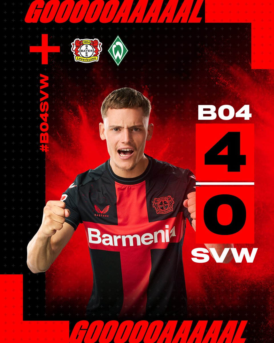 bayer04_en's tweet photo. 4-0 FOR BAYER 04! 🔥

83' | 4-0 | #B04SVW | #Wirtz | #ForOurDream https://t.co/R06jlU8nDU