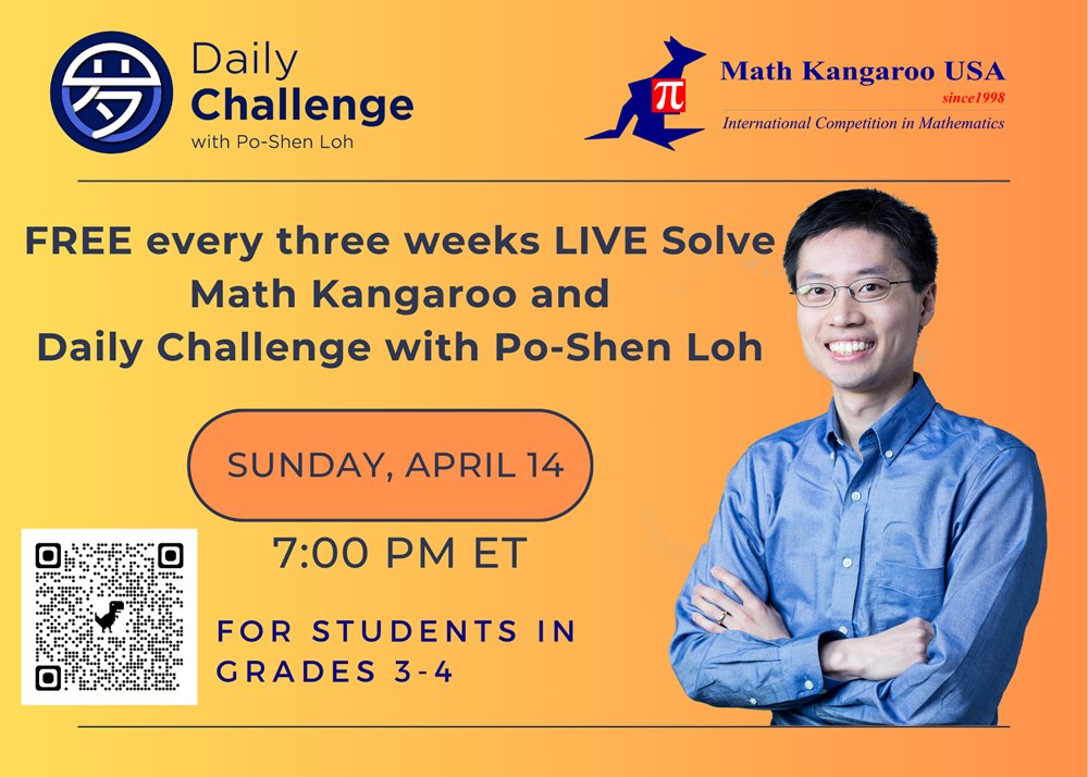 Tonight! Don't miss the Live Solve event for grades 3 & 4 students with Daily Challenge. Register today: us06web.zoom.us/meeting/regist…

#mathkangaroo #livesolve #dailychallenge #Mathletes #MathChallenge #MathEvent #MathFun #MathIsFun #MathPuzzle